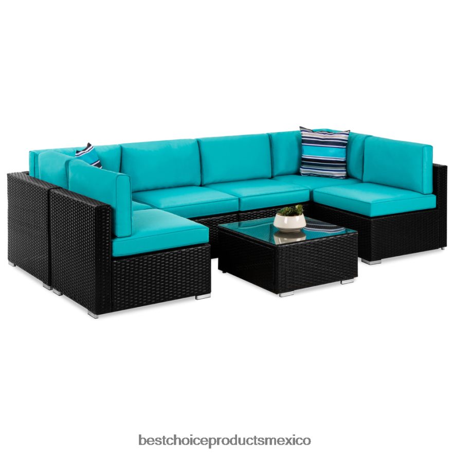 vida al aire libre | Juego de conversación seccional modular de mimbre de 7 piezas con 2 almohadas y funda Best Choice Products negro/verde azulado X080FZ1308