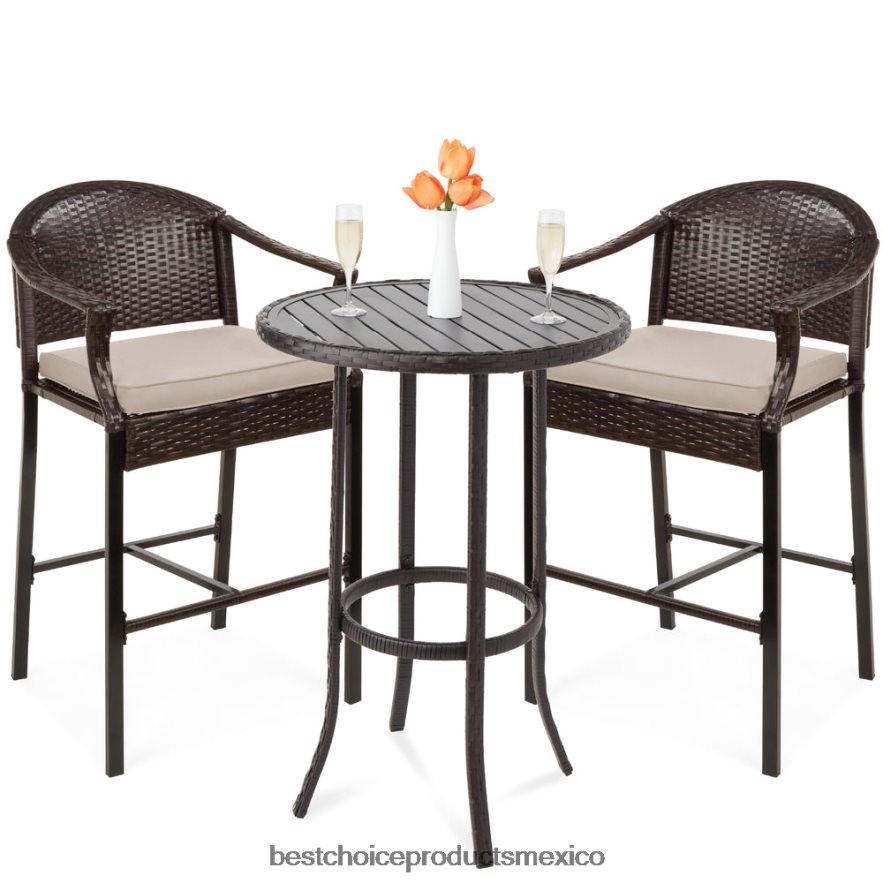 vida al aire libre | Juego de mesa y bar de mimbre para bistró al aire libre de 3 piezas con taburetes y reposapiés Best Choice Products beige X080FZ1396