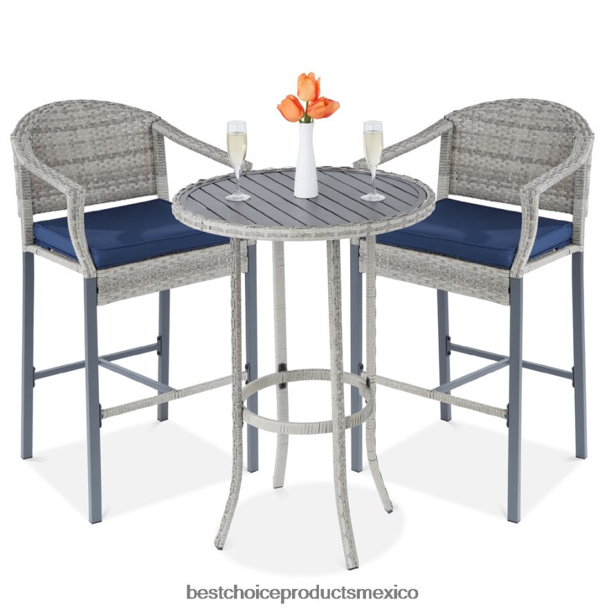 vida al aire libre | Juego de mesa y bar de mimbre para bistró al aire libre de 3 piezas con taburetes y reposapiés Best Choice Products gris/azul X080FZ1398