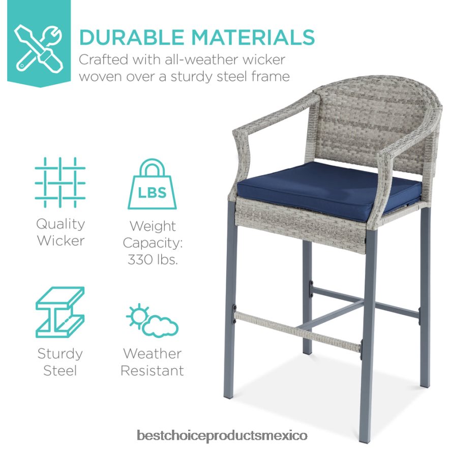 vida al aire libre | Juego de mesa y bar de mimbre para bistró al aire libre de 3 piezas con taburetes y reposapiés Best Choice Products gris/azul X080FZ1398