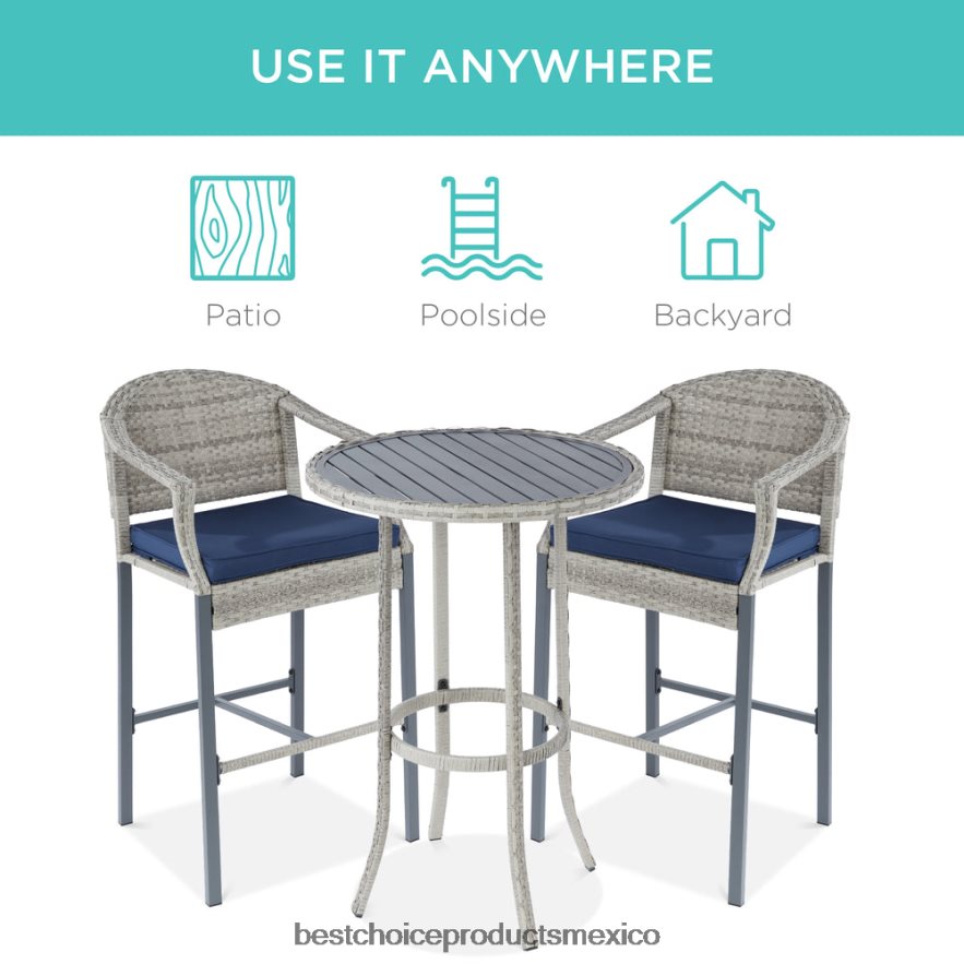 vida al aire libre | Juego de mesa y bar de mimbre para bistró al aire libre de 3 piezas con taburetes y reposapiés Best Choice Products gris/azul X080FZ1398