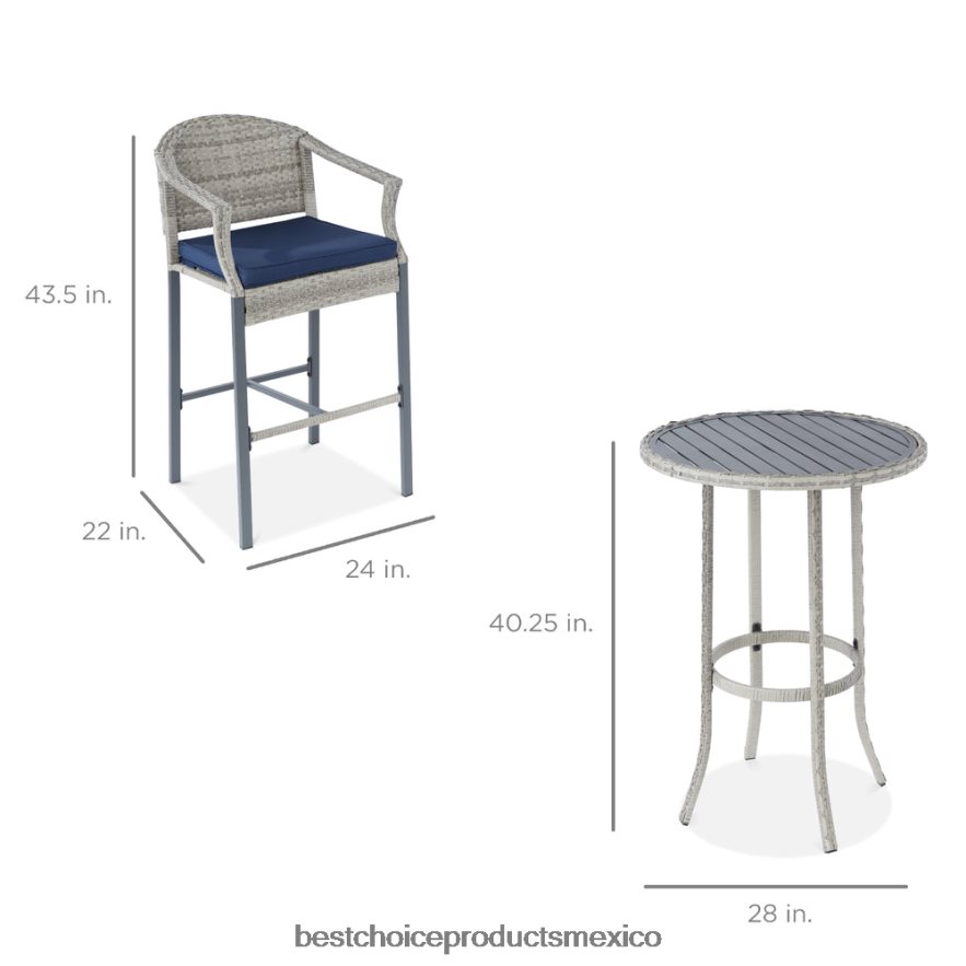 vida al aire libre | Juego de mesa y bar de mimbre para bistró al aire libre de 3 piezas con taburetes y reposapiés Best Choice Products gris/azul X080FZ1398