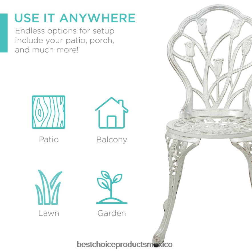 vida al aire libre | Juego de muebles bistró para patio de aluminio fundido de 3 piezas Best Choice Products blanco X080FZ411