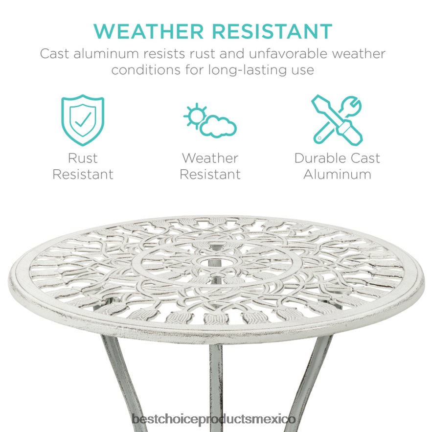 vida al aire libre | Juego de muebles bistró para patio de aluminio fundido de 3 piezas Best Choice Products blanco X080FZ411