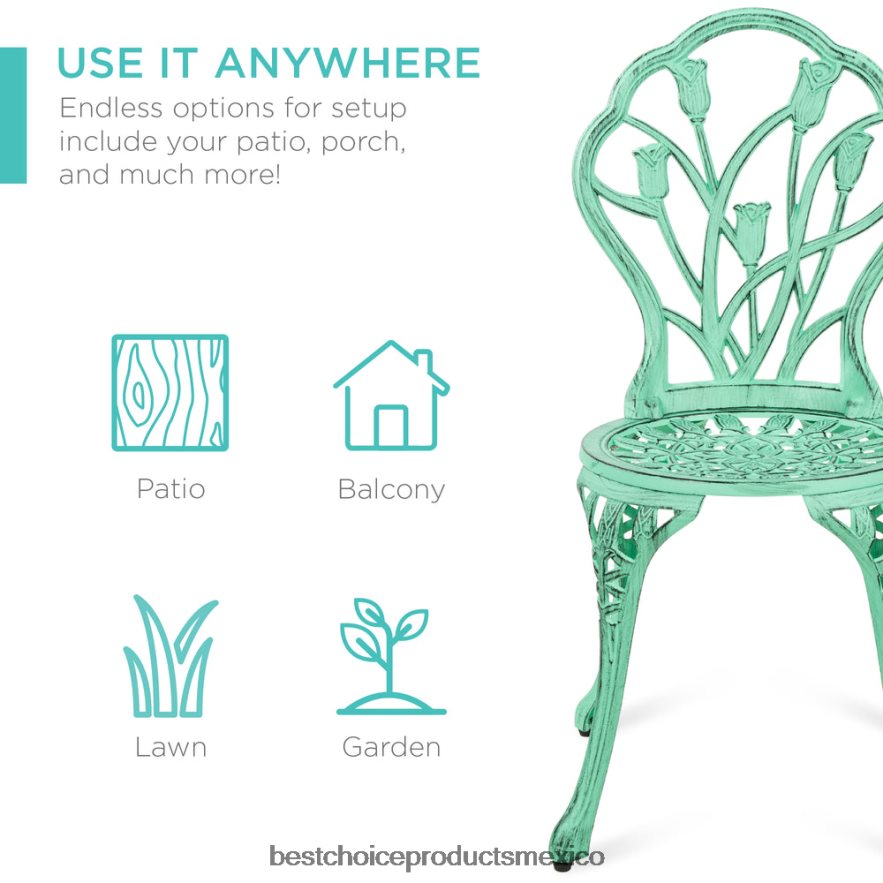 vida al aire libre | Juego de muebles bistró para patio de aluminio fundido de 3 piezas Best Choice Products verde azulado X080FZ412