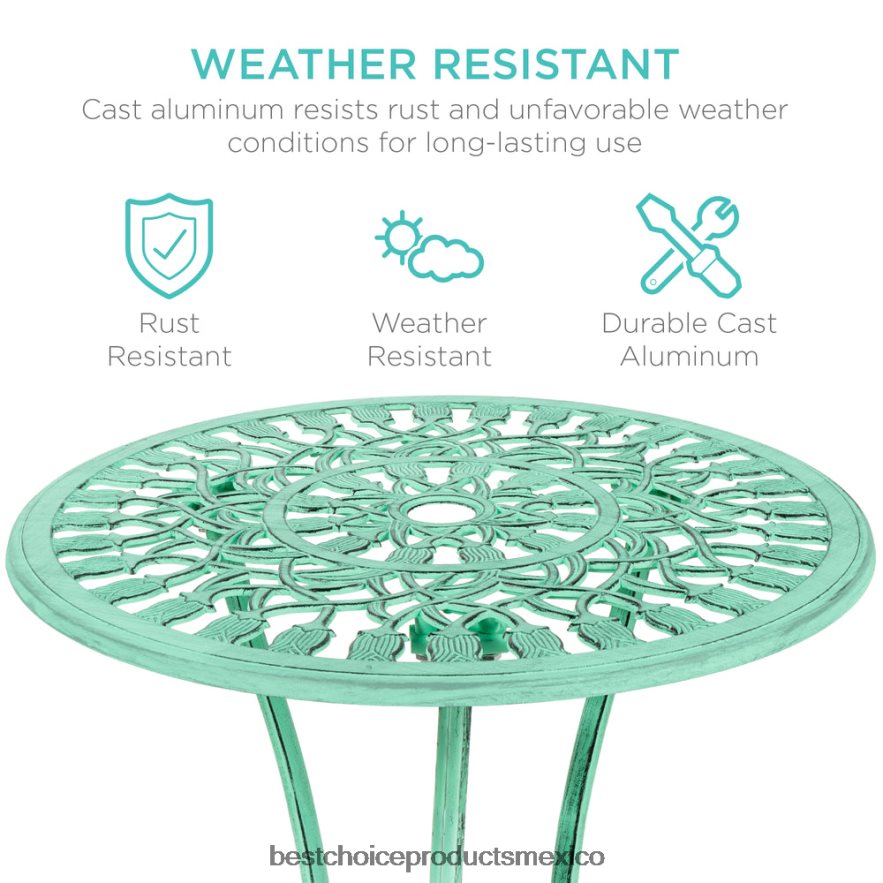 vida al aire libre | Juego de muebles bistró para patio de aluminio fundido de 3 piezas Best Choice Products verde azulado X080FZ412