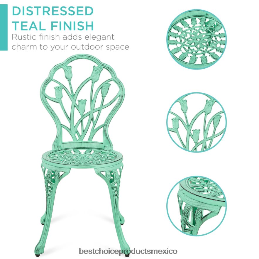 vida al aire libre | Juego de muebles bistró para patio de aluminio fundido de 3 piezas Best Choice Products verde azulado X080FZ412