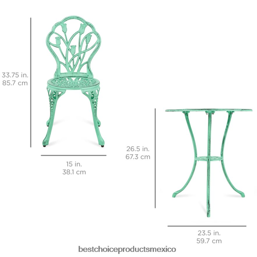 vida al aire libre | Juego de muebles bistró para patio de aluminio fundido de 3 piezas Best Choice Products verde azulado X080FZ412
