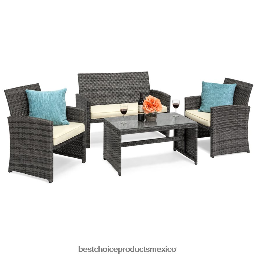 vida al aire libre | Juego de patio de conversación de mimbre para exteriores de 4 piezas con 4 asientos y mesa de vidrio Best Choice Products gris/crema X080FZ1399