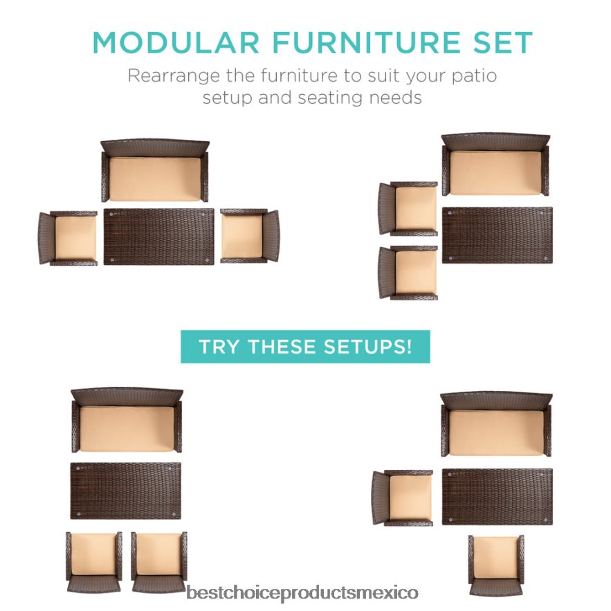 vida al aire libre | Juego de patio de conversación de mimbre para exteriores de 4 piezas con 4 asientos y mesa de vidrio Best Choice Products marrón/beige X080FZ1400