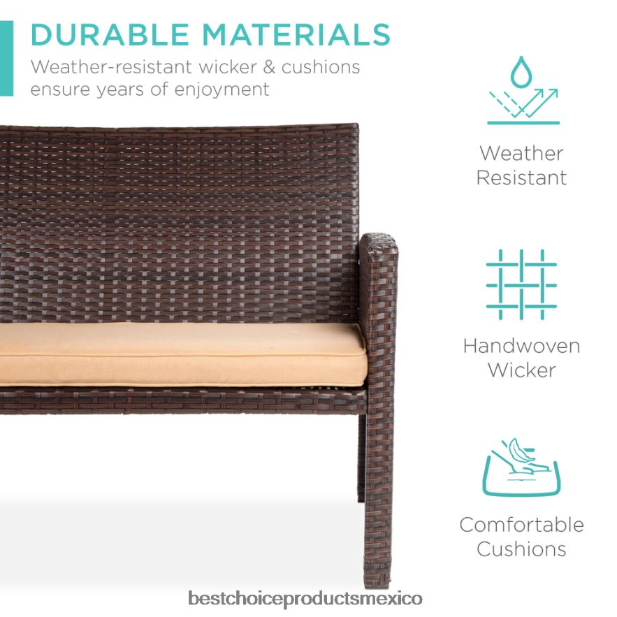 vida al aire libre | Juego de patio de conversación de mimbre para exteriores de 4 piezas con 4 asientos y mesa de vidrio Best Choice Products marrón/beige X080FZ1400