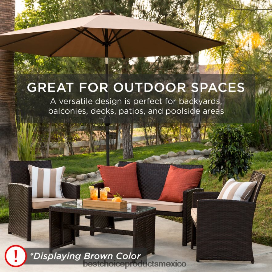 vida al aire libre | Juego de patio de conversación de mimbre para exteriores de 4 piezas con 4 asientos y mesa de vidrio Best Choice Products marrón/beige X080FZ1400