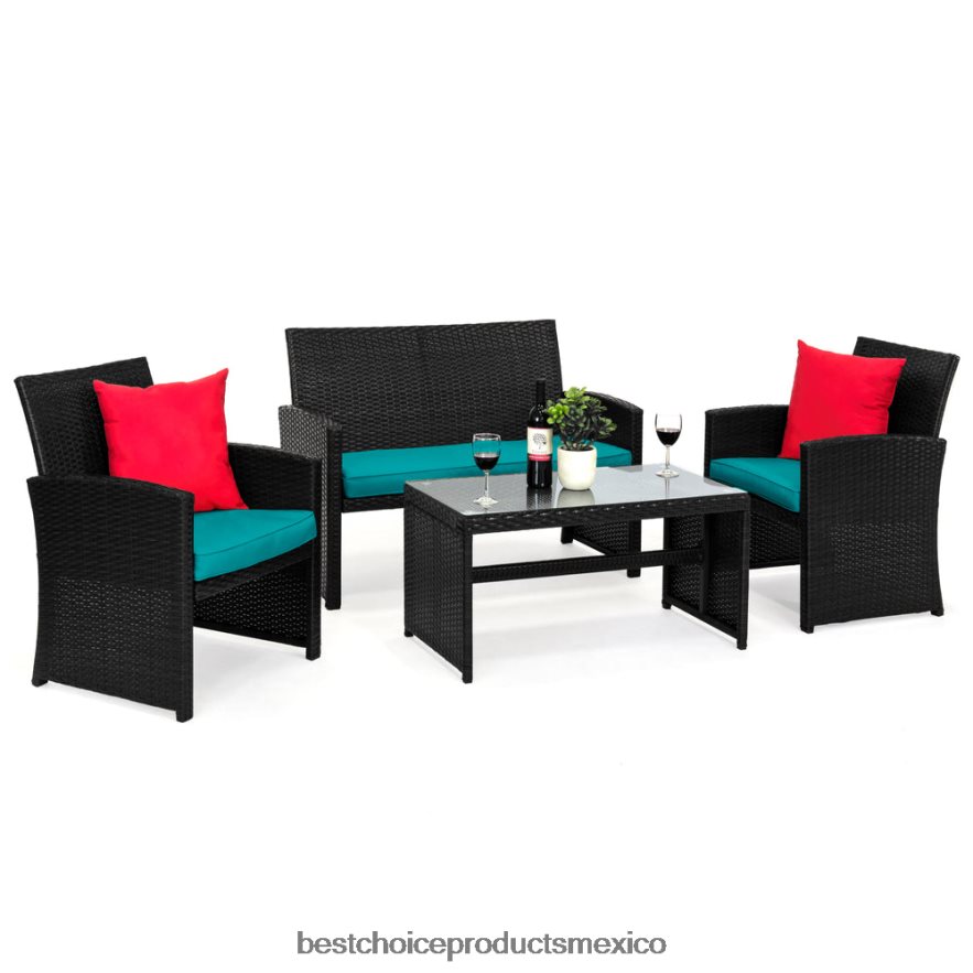 vida al aire libre | Juego de patio de conversación de mimbre para exteriores de 4 piezas con 4 asientos y mesa de vidrio Best Choice Products negro/verde azulado X080FZ1401