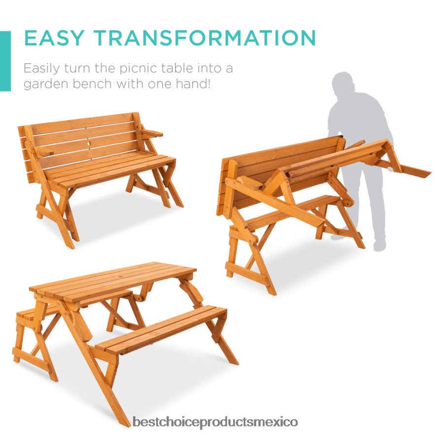 vida al aire libre | Mesa de picnic/banco de jardín de madera intercambiable para exteriores 2 en 1 Best Choice Products marrón X080FZ431