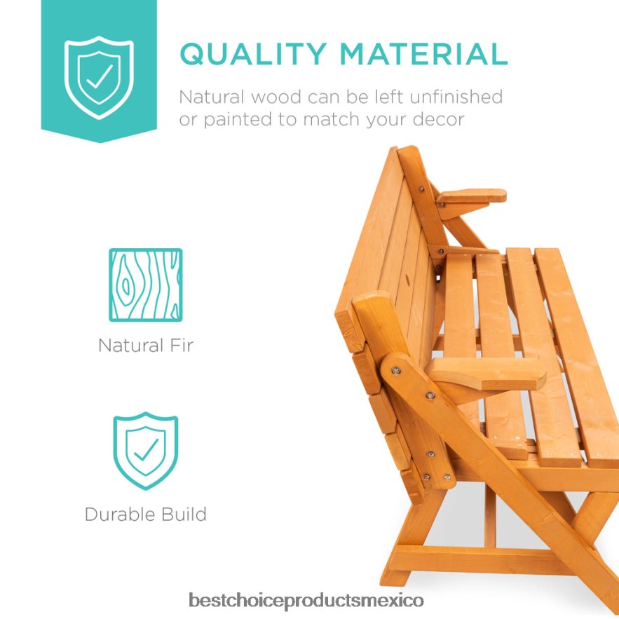 vida al aire libre | Mesa de picnic/banco de jardín de madera intercambiable para exteriores 2 en 1 Best Choice Products marrón X080FZ431