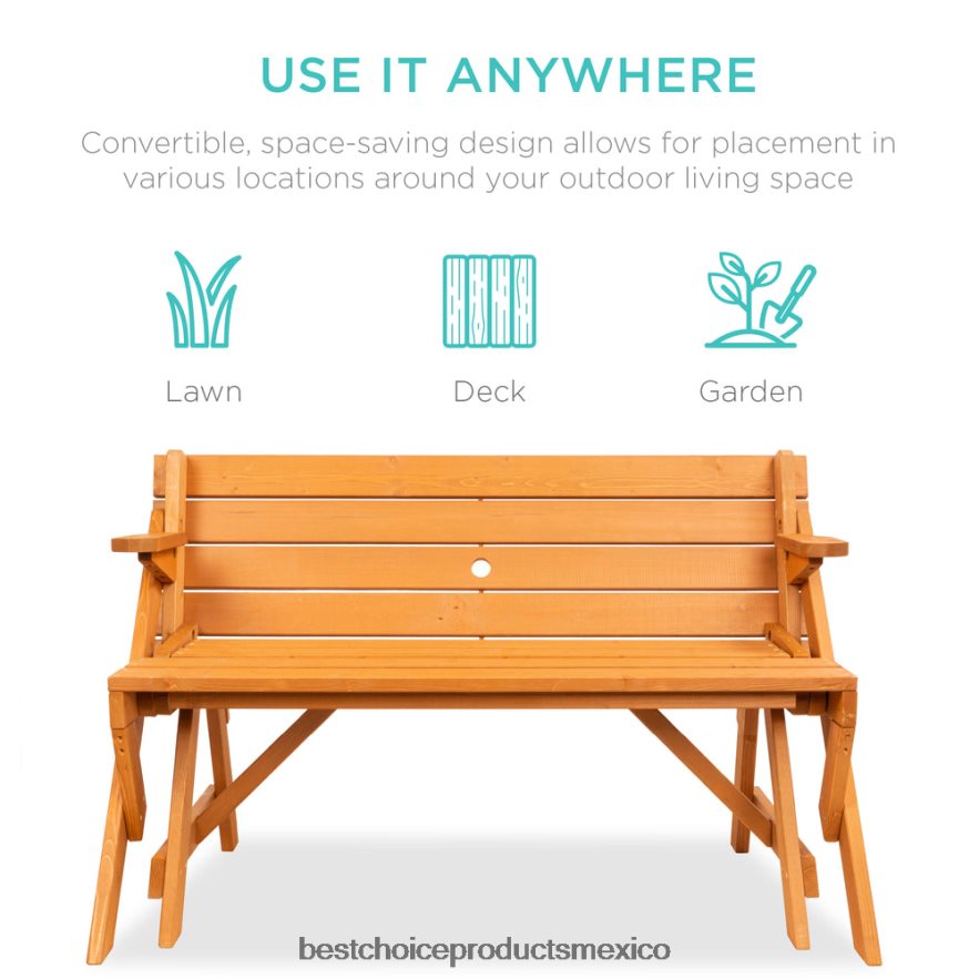 vida al aire libre | Mesa de picnic/banco de jardín de madera intercambiable para exteriores 2 en 1 Best Choice Products marrón X080FZ431