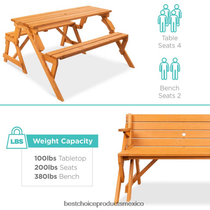 vida al aire libre | Mesa de picnic/banco de jardín de madera intercambiable para exteriores 2 en 1 Best Choice Products marrón X080FZ431