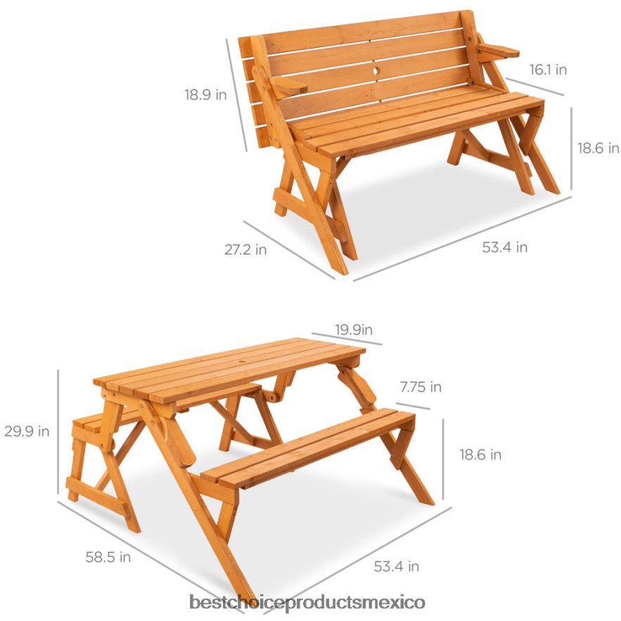 vida al aire libre | Mesa de picnic/banco de jardín de madera intercambiable para exteriores 2 en 1 Best Choice Products marrón X080FZ431