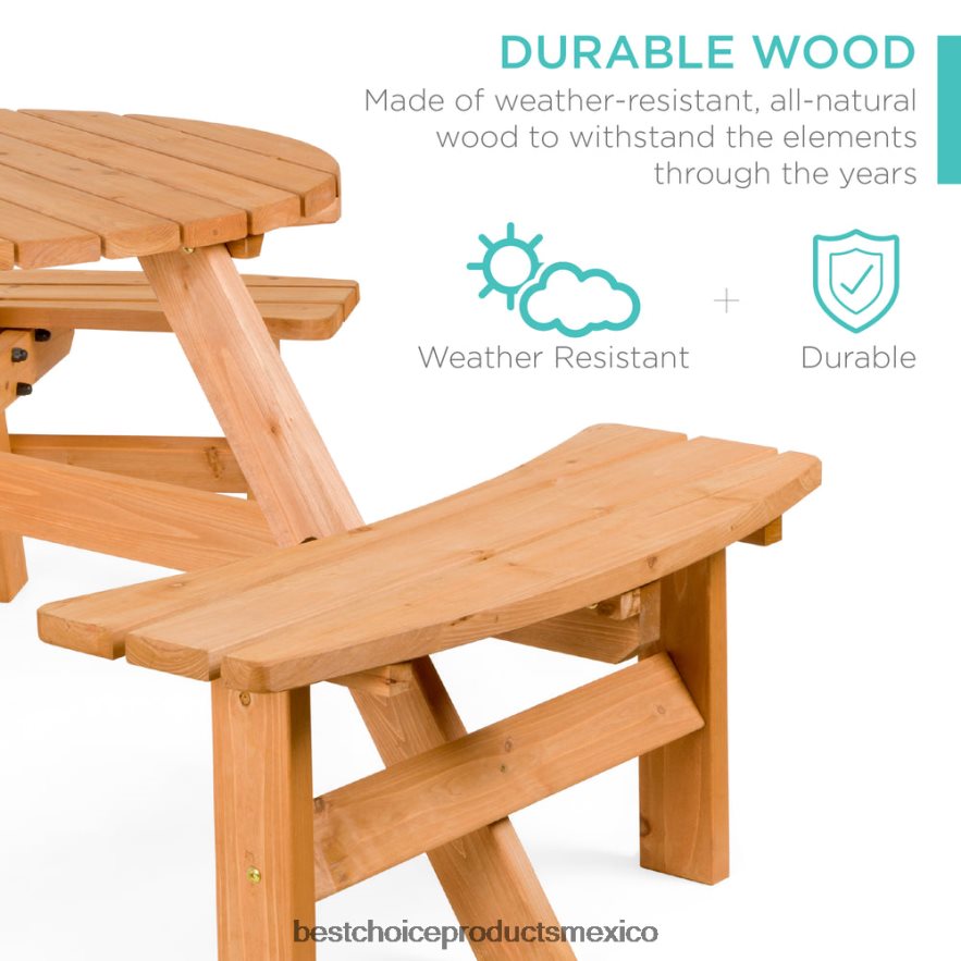 vida al aire libre | Mesa de picnic circular de madera para 6 personas con orificio para sombrilla y 3 bancos Best Choice Products natural X080FZ1480