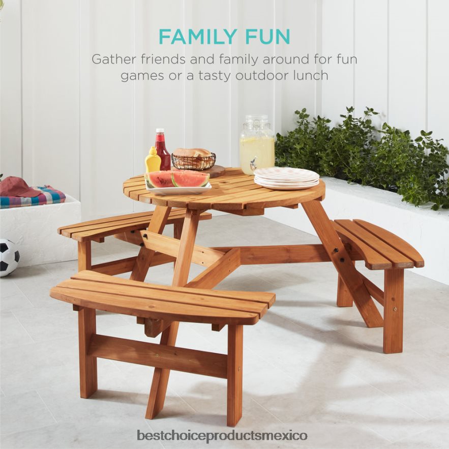 vida al aire libre | Mesa de picnic circular de madera para 6 personas con orificio para sombrilla y 3 bancos Best Choice Products natural X080FZ1480