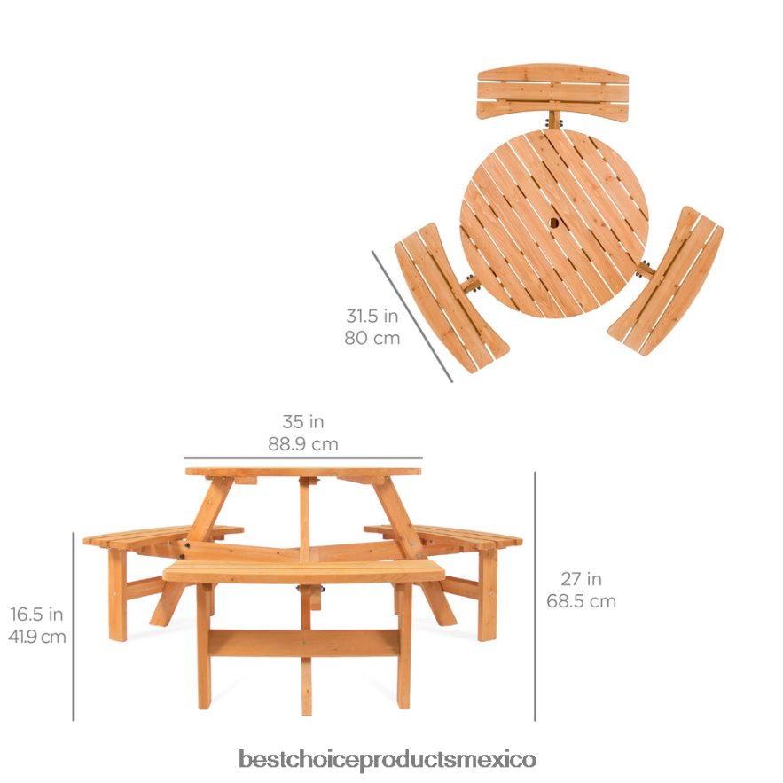 vida al aire libre | Mesa de picnic circular de madera para 6 personas con orificio para sombrilla y 3 bancos Best Choice Products natural X080FZ1480