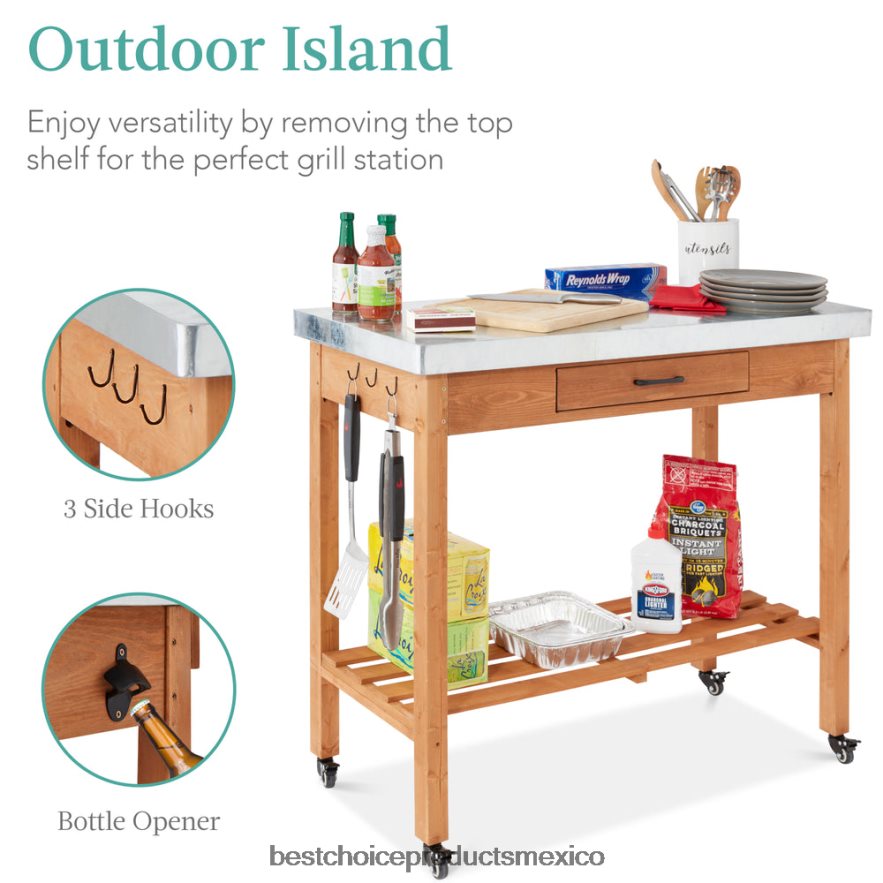 vida al aire libre | Mesa móvil para exterior y armario de almacenamiento con 4 ruedas, tapa de acero inoxidable. Best Choice Products teñido de marrón X080FZ430