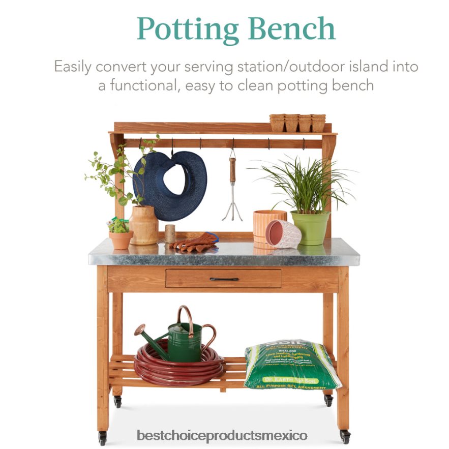 vida al aire libre | Mesa móvil para exterior y armario de almacenamiento con 4 ruedas, tapa de acero inoxidable. Best Choice Products teñido de marrón X080FZ430