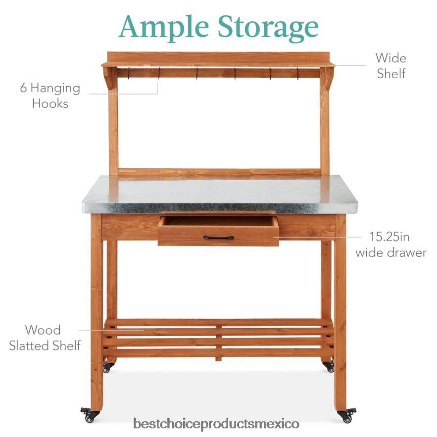 vida al aire libre | Mesa móvil para exterior y armario de almacenamiento con 4 ruedas, tapa de acero inoxidable. Best Choice Products teñido de marrón X080FZ430