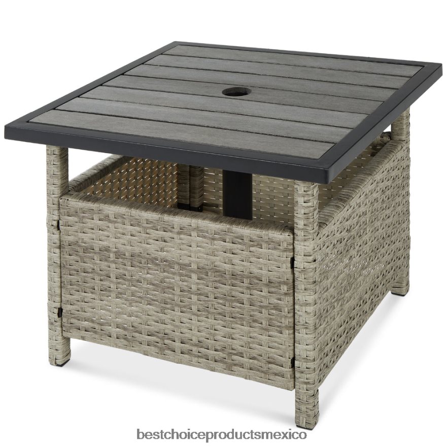 vida al aire libre | Muebles decorativos de mesa auxiliar de mimbre para patio al aire libre con orificio para sombrilla Best Choice Products gris X080FZ931