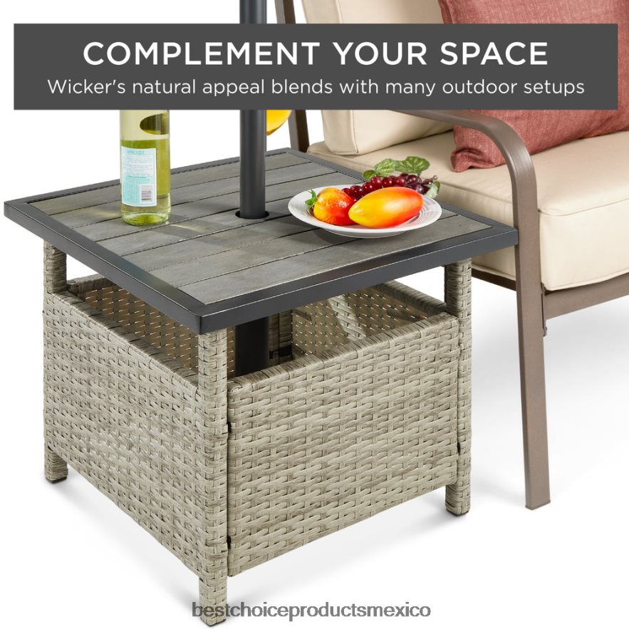 vida al aire libre | Muebles decorativos de mesa auxiliar de mimbre para patio al aire libre con orificio para sombrilla Best Choice Products gris X080FZ931