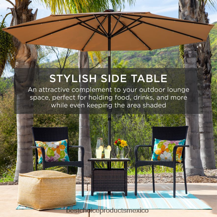 vida al aire libre | Muebles decorativos de mesa auxiliar de mimbre para patio al aire libre con orificio para sombrilla Best Choice Products gris X080FZ931