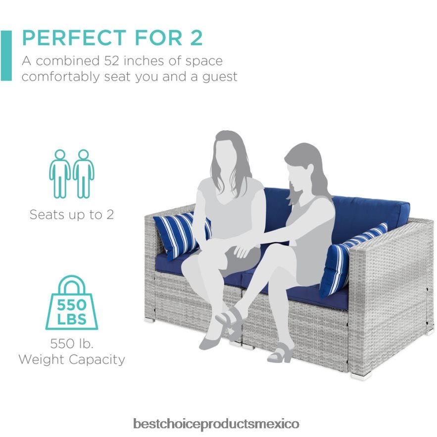 vida al aire libre | Sofá de dos plazas para patio al aire libre para 2 personas con 2 almohadas decorativas Best Choice Products gris/azul marino X080FZ1433