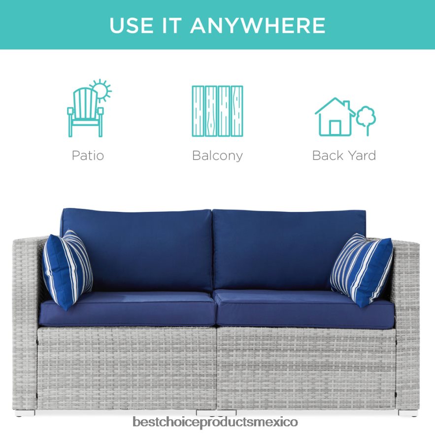 vida al aire libre | Sofá de dos plazas para patio al aire libre para 2 personas con 2 almohadas decorativas Best Choice Products gris/azul marino X080FZ1433