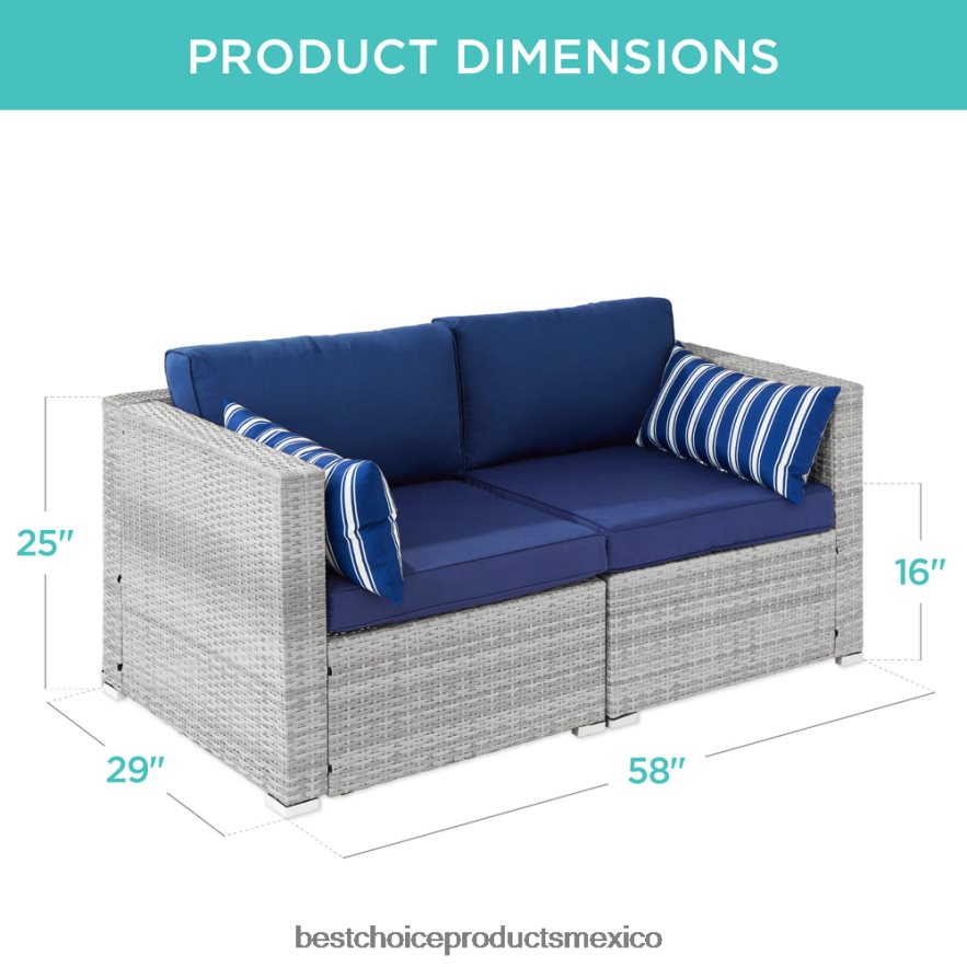 vida al aire libre | Sofá de dos plazas para patio al aire libre para 2 personas con 2 almohadas decorativas Best Choice Products gris/azul marino X080FZ1433