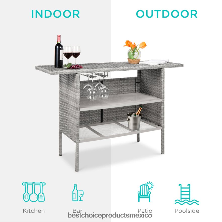vida al aire libre | mesa de bar de mimbre para exterior con 2 estantes de acero, 2 rieles Best Choice Products gris X080FZ933