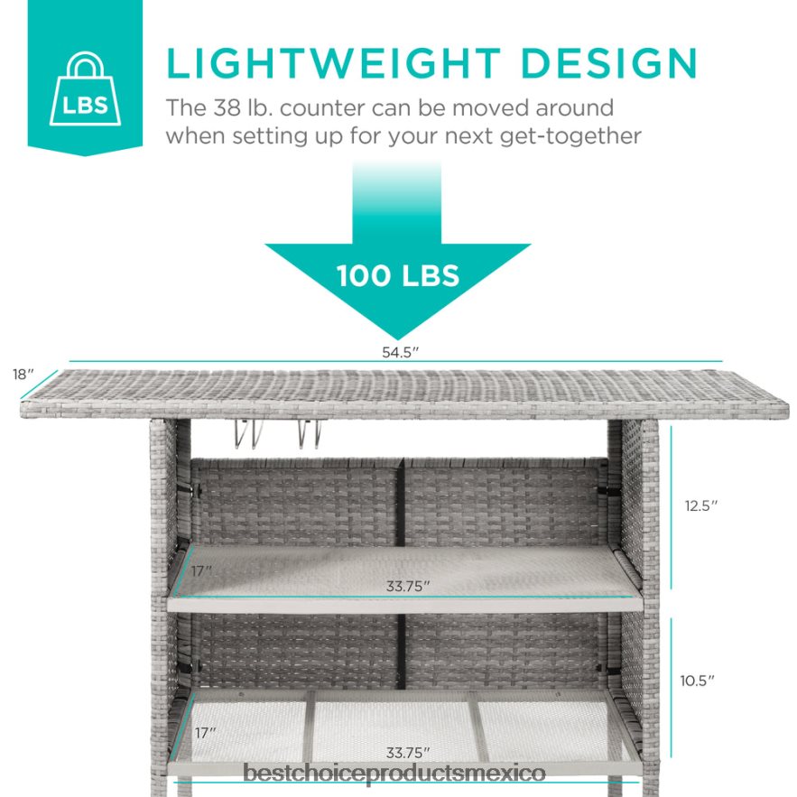 vida al aire libre | mesa de bar de mimbre para exterior con 2 estantes de acero, 2 rieles Best Choice Products gris X080FZ933