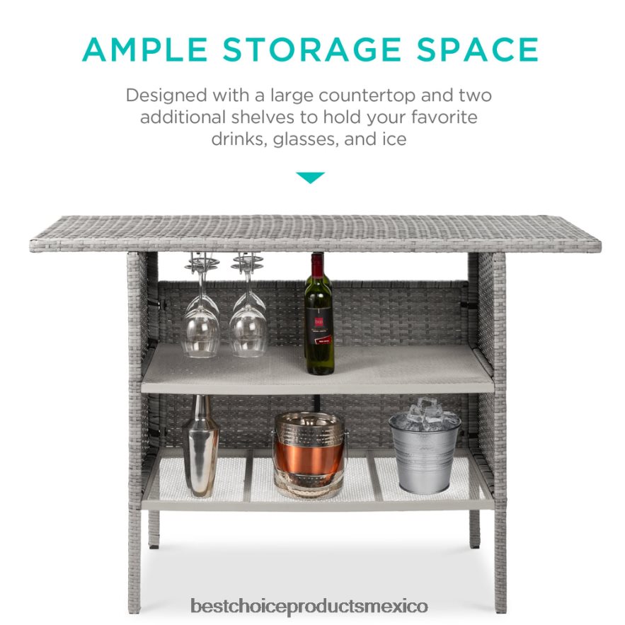 vida al aire libre | mesa de bar de mimbre para exterior con 2 estantes de acero, 2 rieles Best Choice Products gris X080FZ933