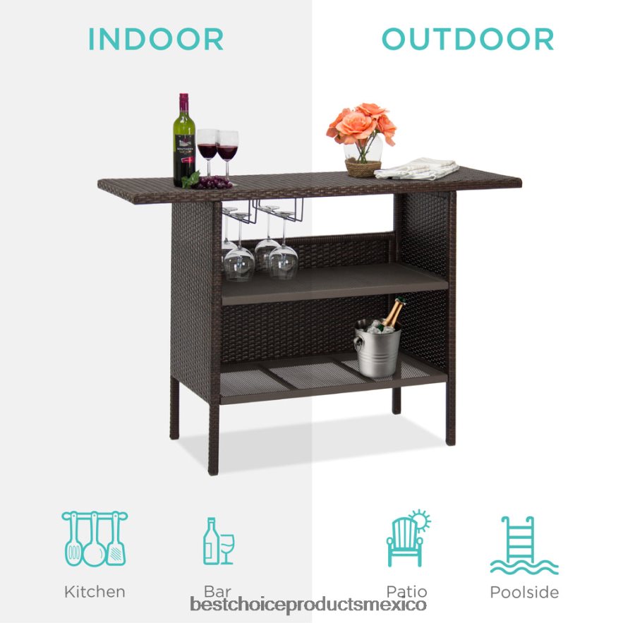 vida al aire libre | mesa de bar de mimbre para exterior con 2 estantes de acero, 2 rieles Best Choice Products marrón X080FZ932