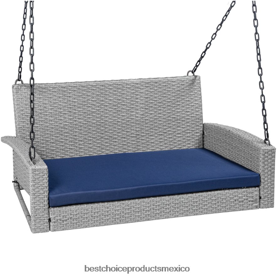vida al aire libre | Banco colgante de mimbre tejido para porche con cadenas de montaje y cojín de asiento Best Choice Products gris/azul marino X080FZ1435