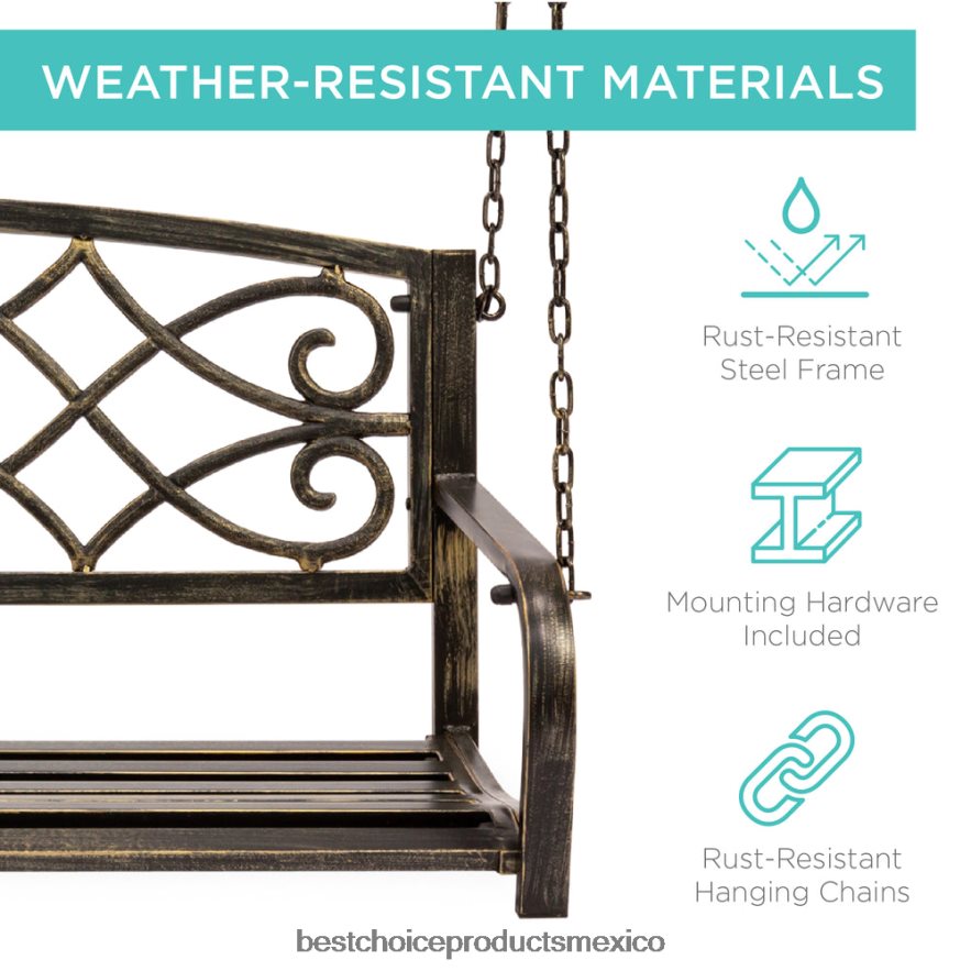 vida al aire libre | Banco columpio colgante de metal para exteriores para 2 personas con detalles en flor de lis Best Choice Products bronce X080FZ1484