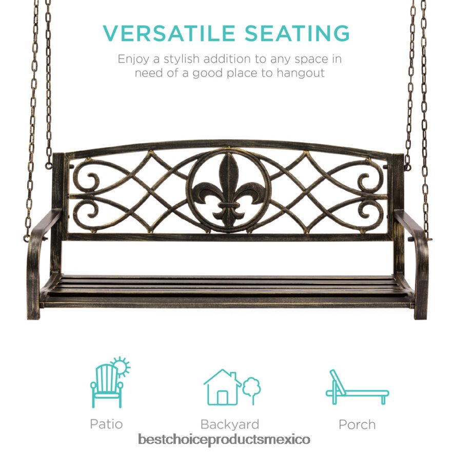 vida al aire libre | Banco columpio colgante de metal para exteriores para 2 personas con detalles en flor de lis Best Choice Products bronce X080FZ1484