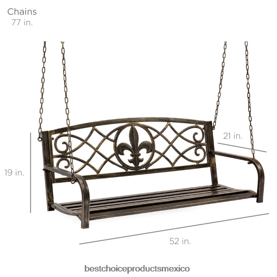 vida al aire libre | Banco columpio colgante de metal para exteriores para 2 personas con detalles en flor de lis Best Choice Products bronce X080FZ1484