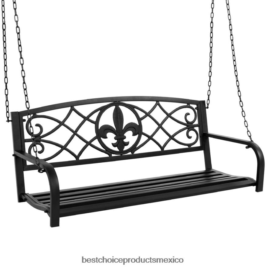 vida al aire libre | Banco columpio colgante de metal para exteriores para 2 personas con detalles en flor de lis Best Choice Products negro X080FZ1483
