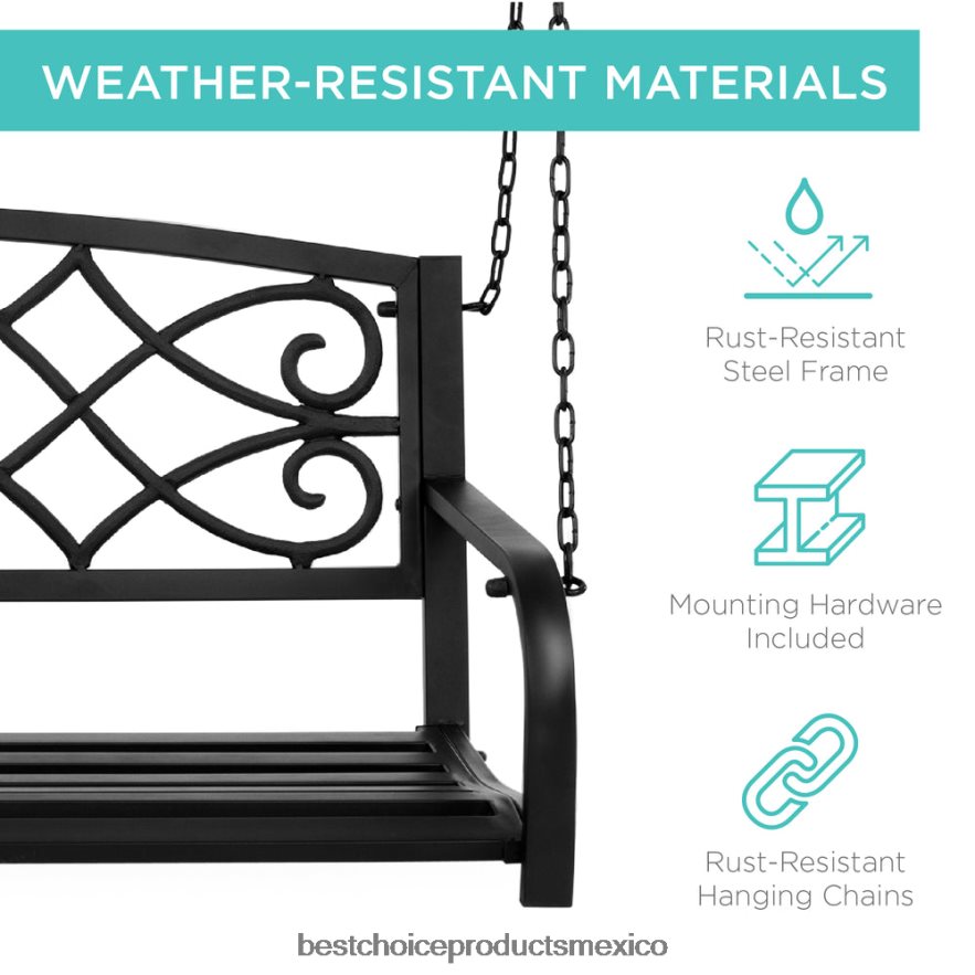 vida al aire libre | Banco columpio colgante de metal para exteriores para 2 personas con detalles en flor de lis Best Choice Products negro X080FZ1483
