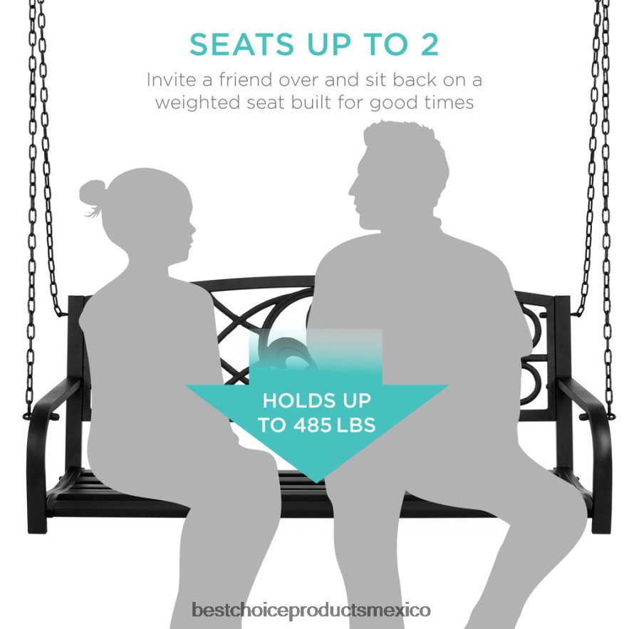 vida al aire libre | Banco columpio colgante de metal para exteriores para 2 personas con detalles en flor de lis Best Choice Products negro X080FZ1483
