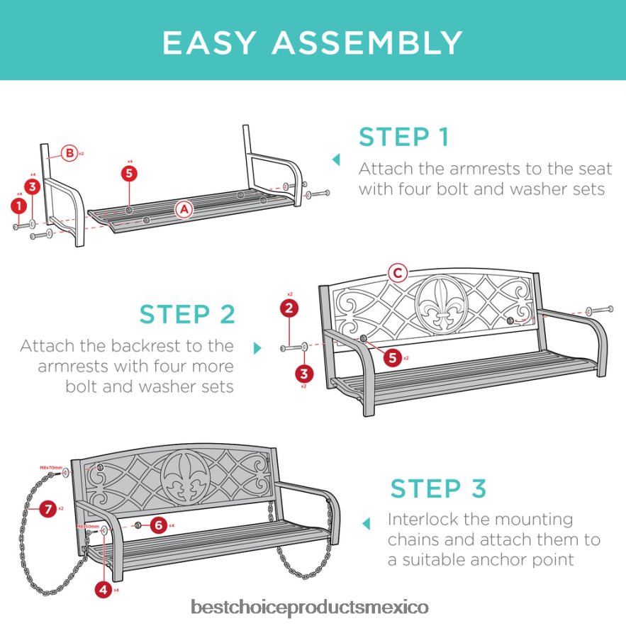 vida al aire libre | Banco columpio colgante de metal para exteriores para 2 personas con detalles en flor de lis Best Choice Products negro X080FZ1483