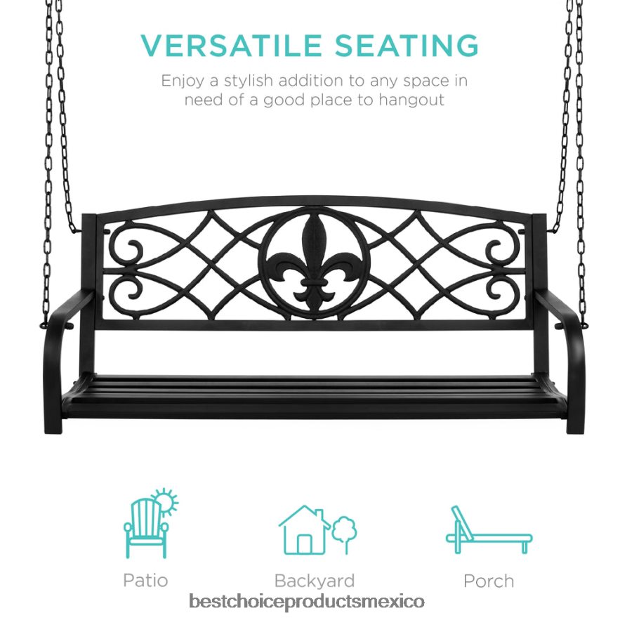 vida al aire libre | Banco columpio colgante de metal para exteriores para 2 personas con detalles en flor de lis Best Choice Products negro X080FZ1483