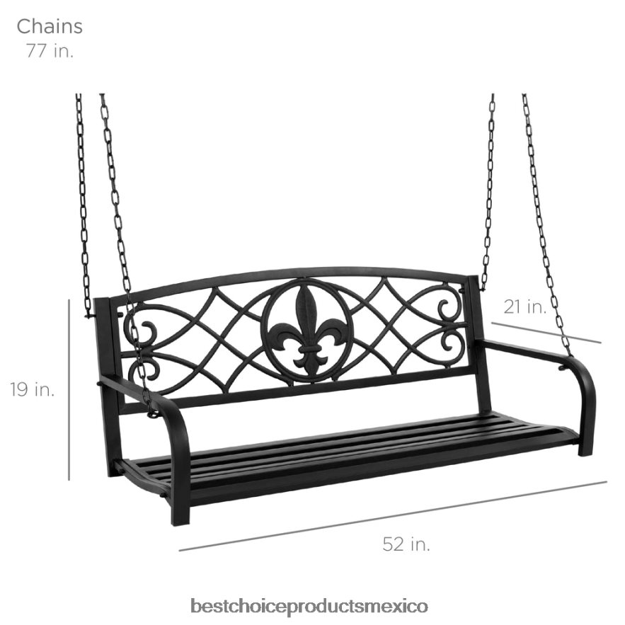vida al aire libre | Banco columpio colgante de metal para exteriores para 2 personas con detalles en flor de lis Best Choice Products negro X080FZ1483