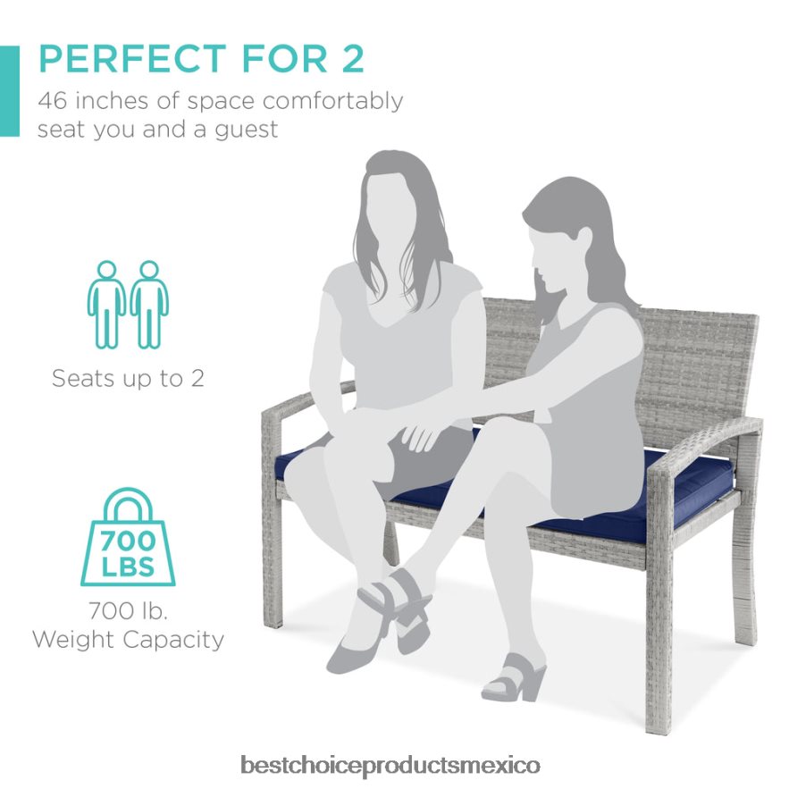 vida al aire libre | Banco de mimbre para porche para 2 personas para exteriores, jardín con capacidad de 700 lb Best Choice Products gris/azul marino X080FZ946