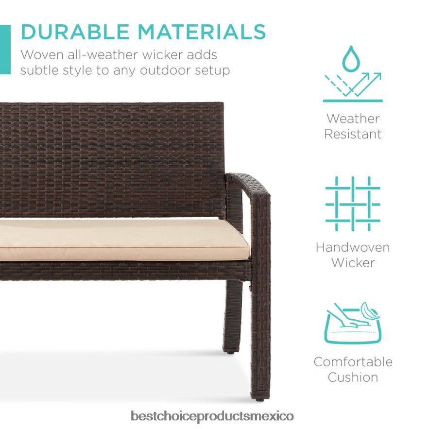 vida al aire libre | Banco de mimbre para porche para 2 personas para exteriores, jardín con capacidad de 700 lb Best Choice Products marrón/bronceado X080FZ947